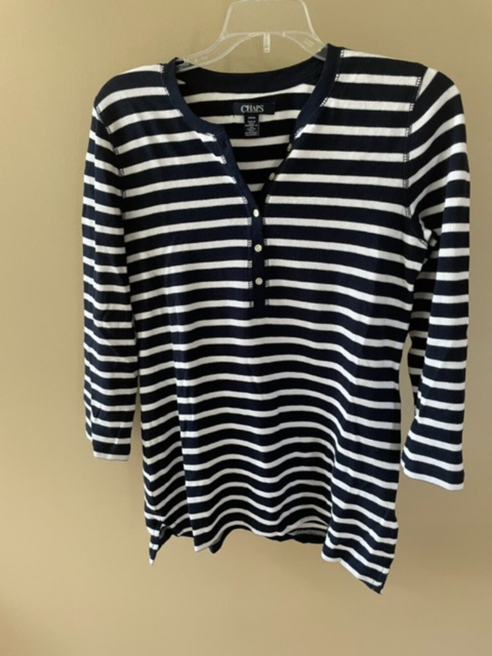 Women's Chaps Cotton Striped Henley in Navy and white, Size Small